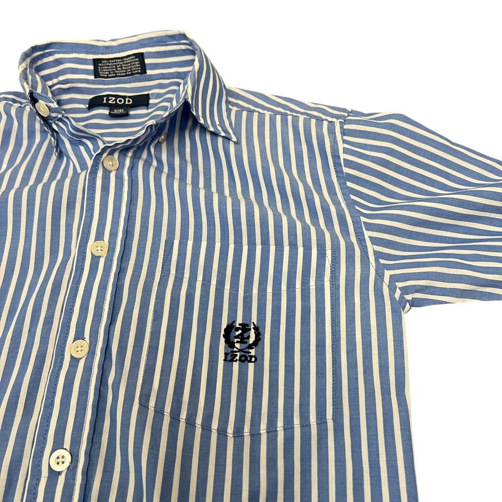 IZOD Boys Long Sleeve Button Down Shirt Size 8 Blue White Stripe Pocket Logo - Picture 5 of 8